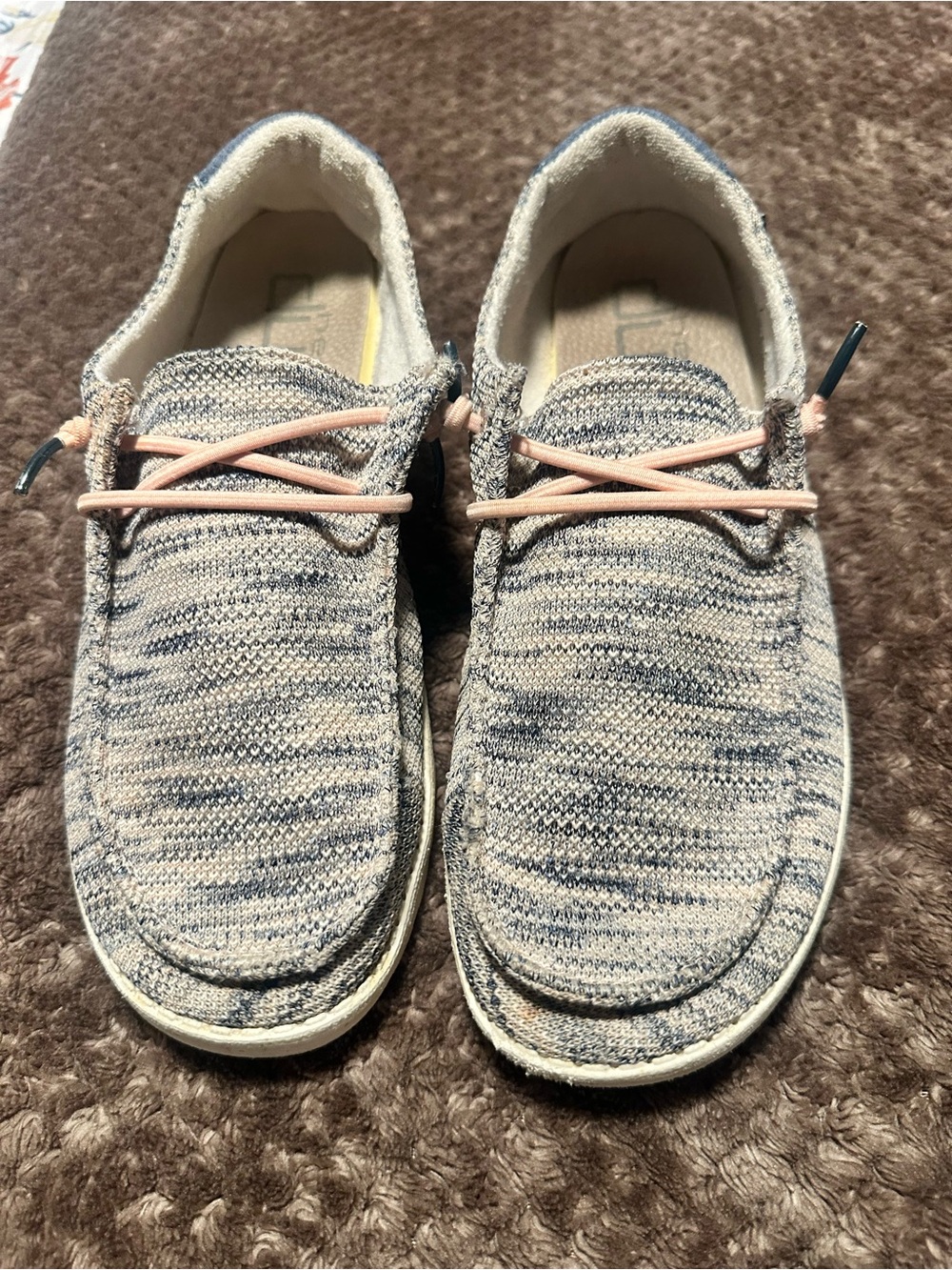 Casual Knit Slip-On Loafers in Blue and Cream with Pink Laces